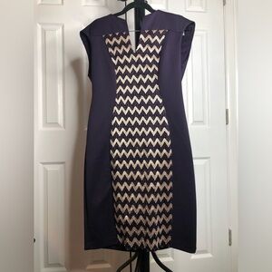 Connected Apparel Plum and Gold Chevron Midi Dress, Size 10